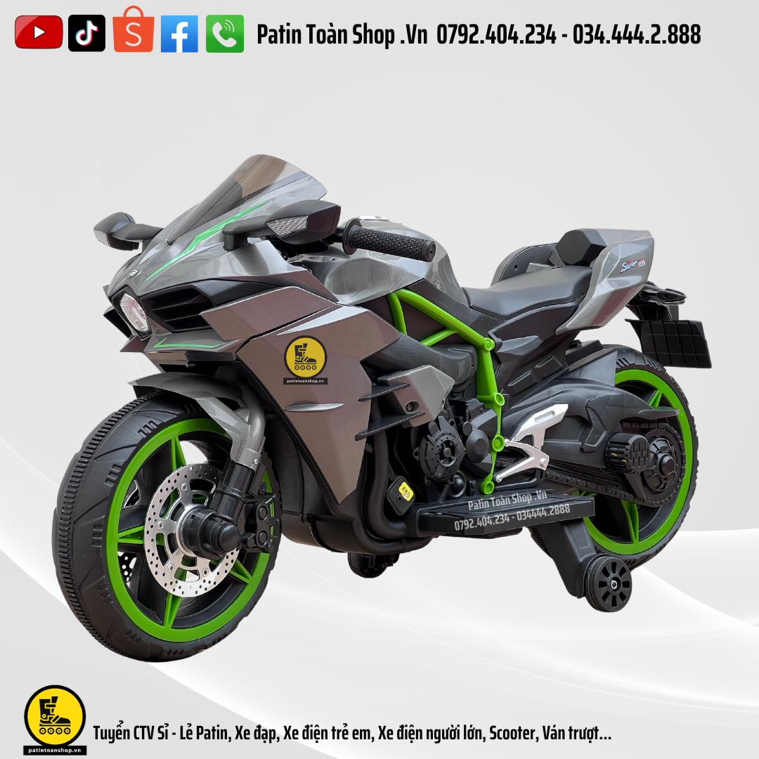 Xe Moto Điện Trẻ Em Kawasaki Ninja H2 Màu Xám - Patin Toàn Shop